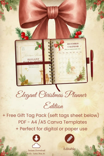 Elegant Christmas Planner - Digital floral planner with December calendar, red bow, and festive design for iPad, Canva, or printable use.