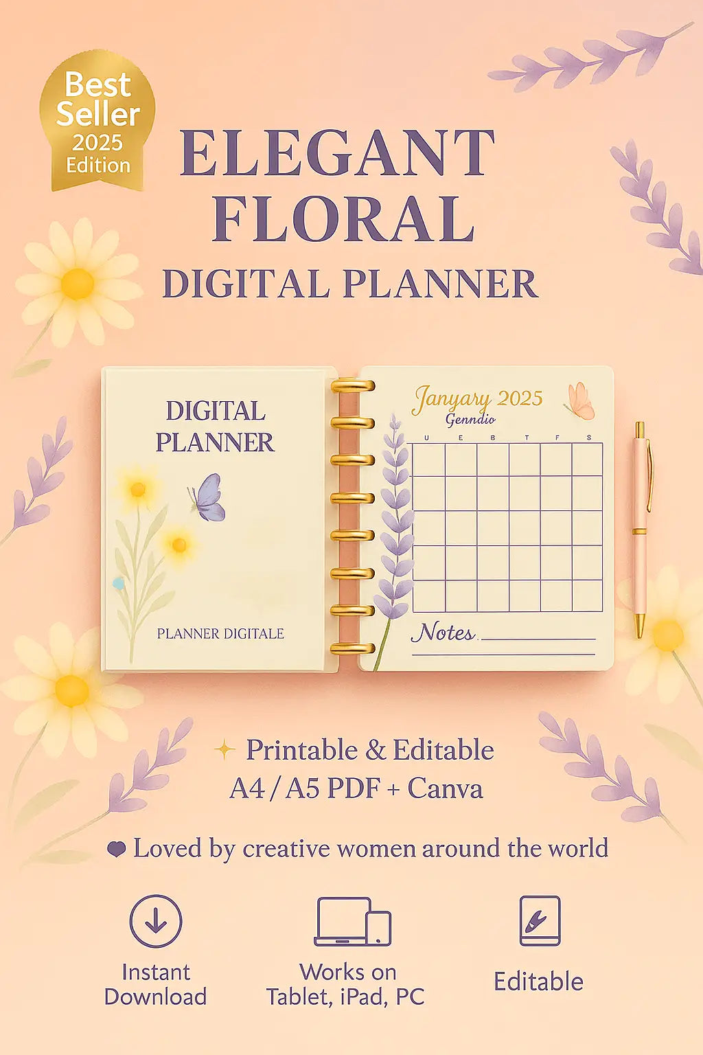 alt="Elegant Floral Digital Planner 2025 cover with daisy and lavender theme"