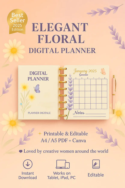 alt="Elegant Floral Digital Planner 2025 cover with daisy and lavender theme"