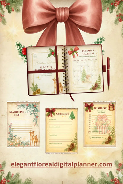 Elegant Christmas Planner - Digital floral planner with December calendar, red bow, and festive design for iPad, Canva, or printable use.