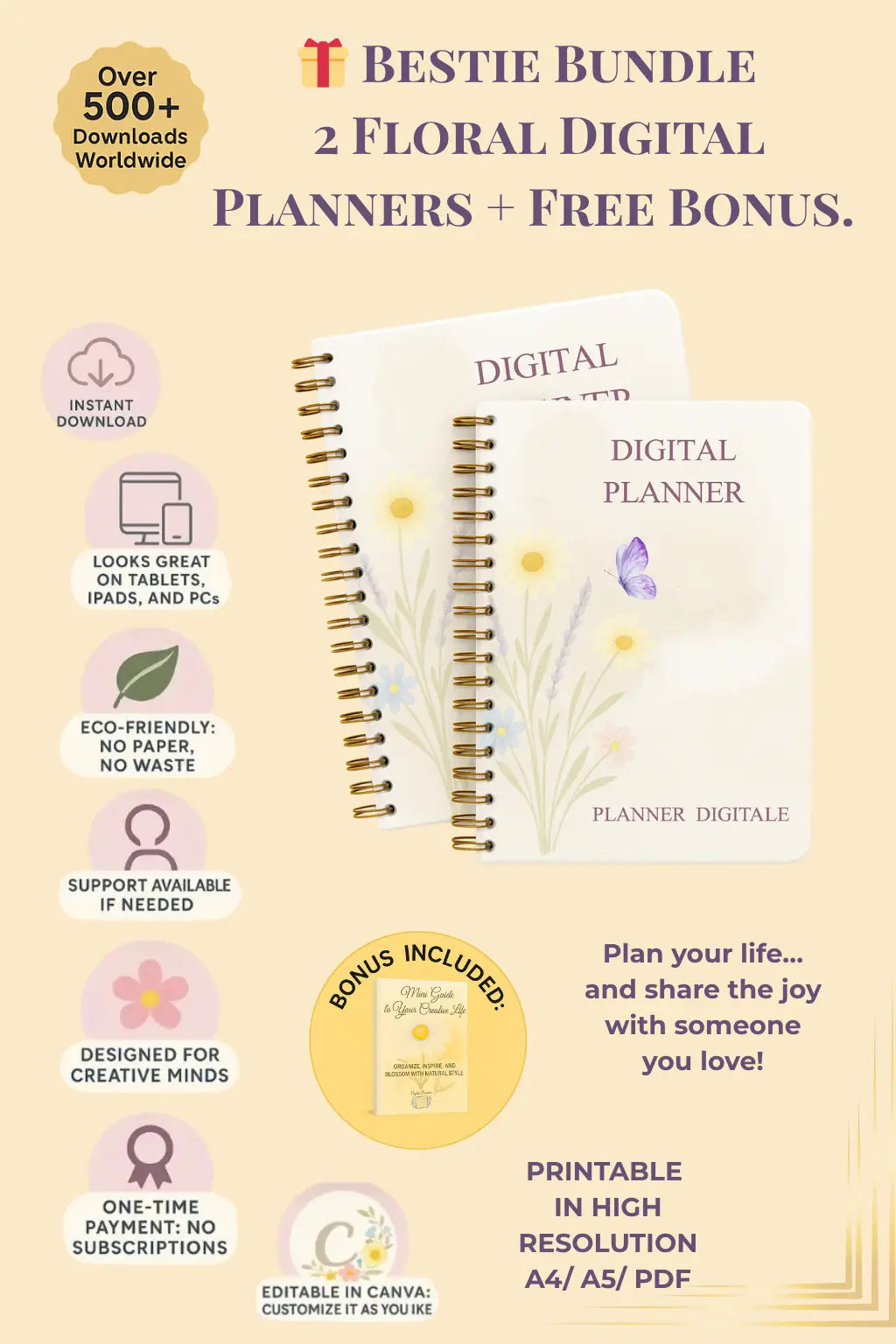 Bestie Bundle – 2 Elegant Floral Digital Planners + Free Bonus, All in One printable PDF set, A4 A5 format, instant download, eco-friendly