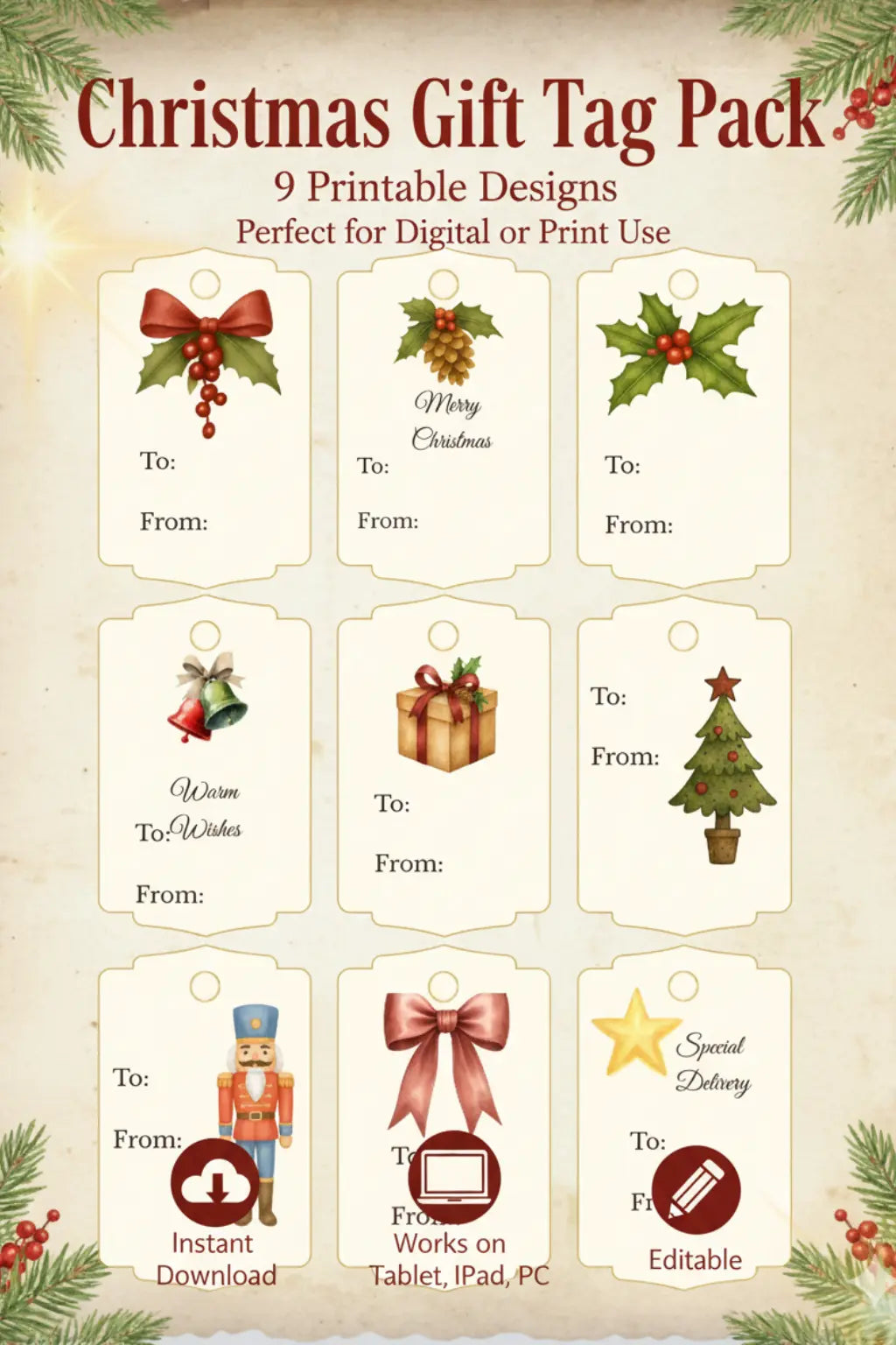 Elegant Christmas Planner - Digital floral planner with December calendar, red bow, and festive design for iPad, Canva, or printable use.
