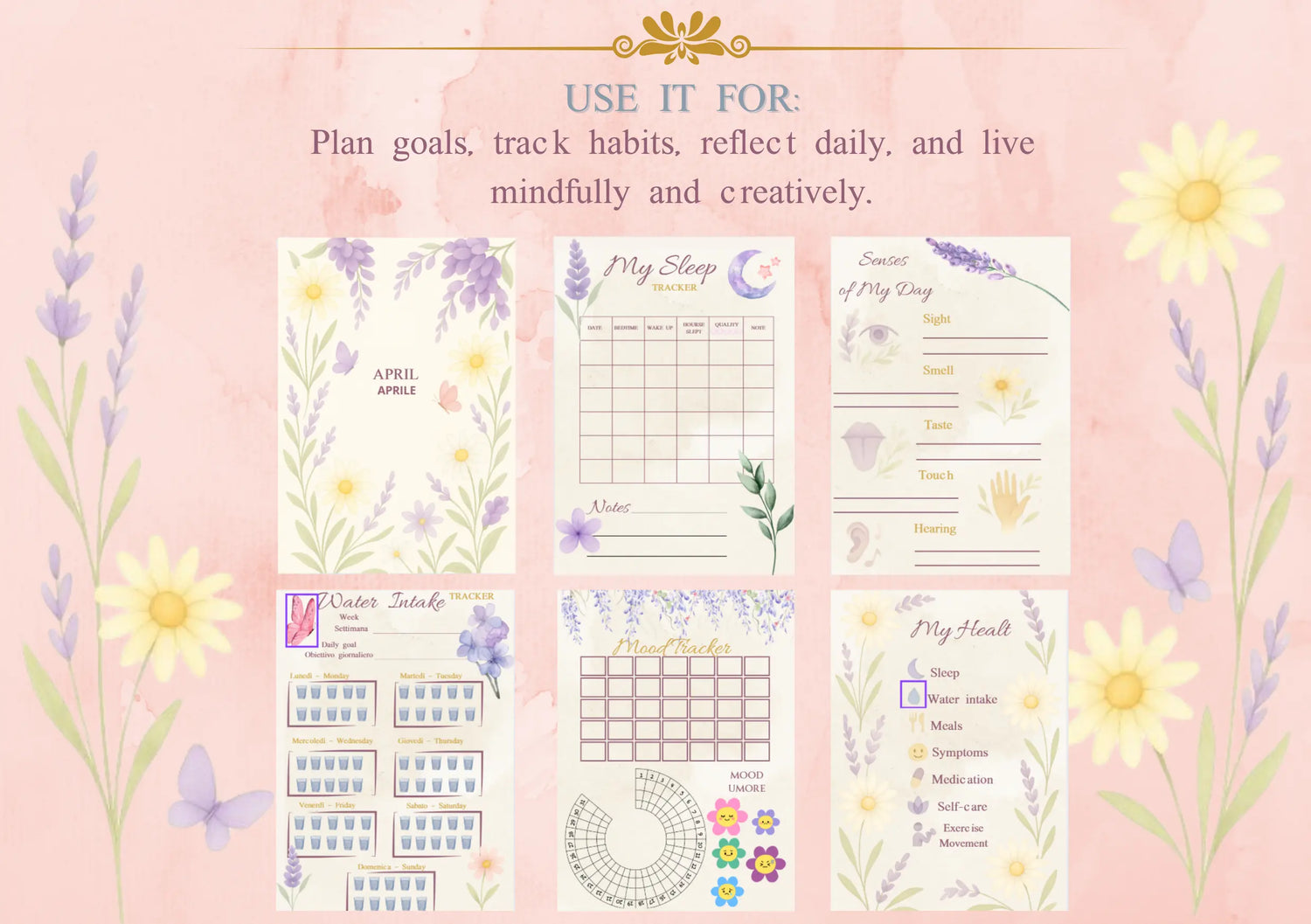alt="Visual preview of Elegant Floral Digital Planner pages including to-do list, trackers and daily planning"
