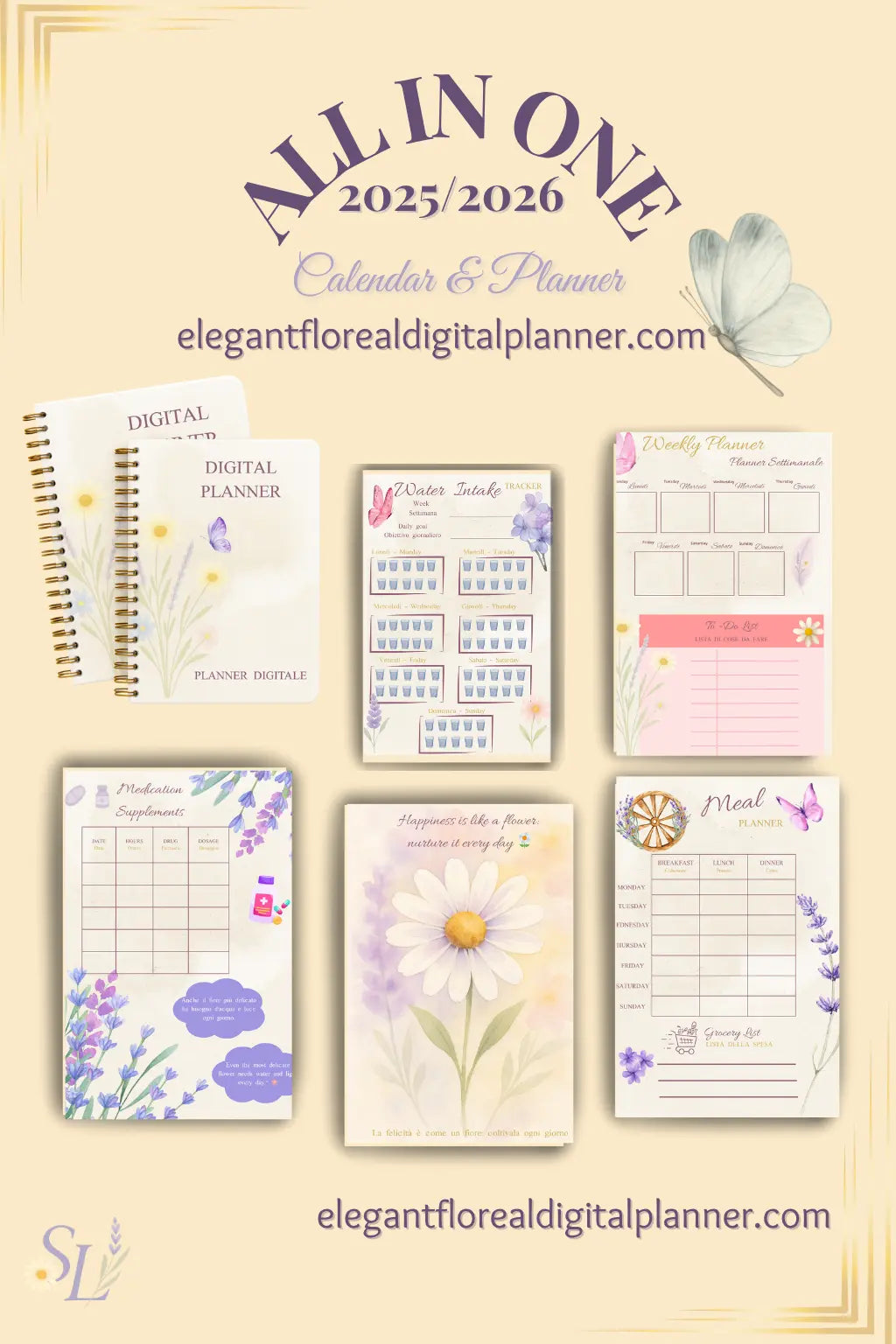 Elegant Floral Digital Planner 2025 – All in One interactive PDF planner with monthly calendar, habit trackers, bonus creative life guide, eco-friendly and compatible with iOS, Android, Windows