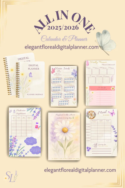Elegant Floral Digital Planner 2025 – All in One interactive PDF planner with monthly calendar, habit trackers, bonus creative life guide, eco-friendly and compatible with iOS, Android, Windows