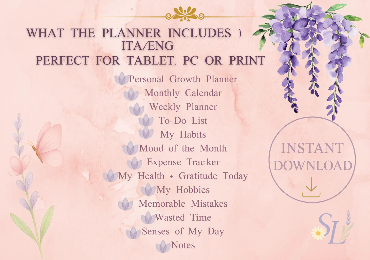 alt="Floral digital planner pages with To-Do List, Wasted Time tracker, My Habit and Senses of My Day"
