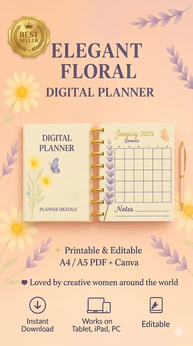 Elegant Floral Digital Planner Mockup: Cover and Open Monthly Calendar Page on iPad. Printable and Editable PDF Product on Canva for Creative Women.